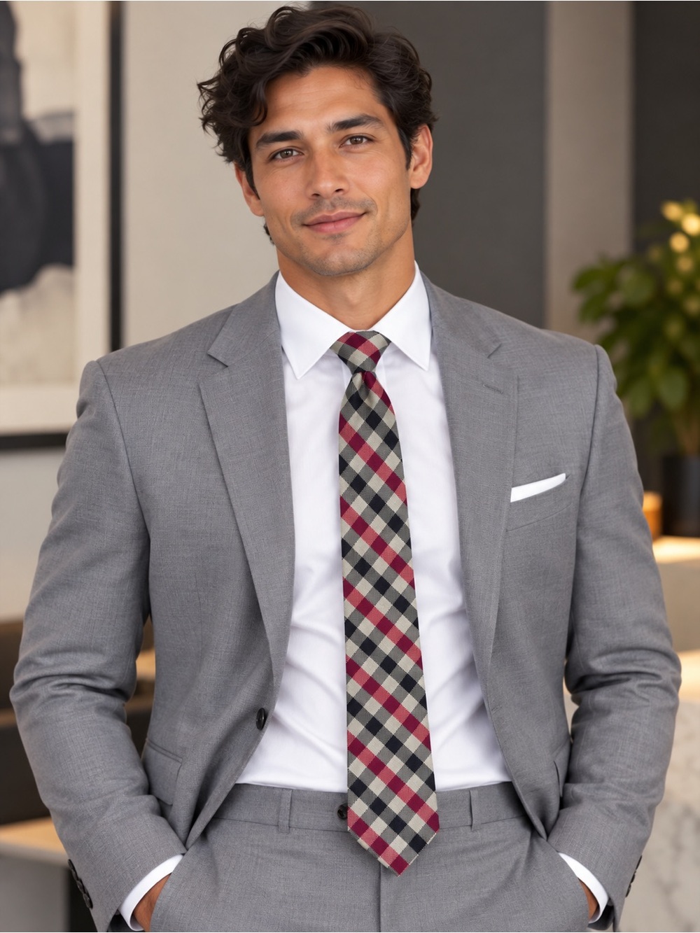 Tommy Hilfiger Men’s Red, Navy Blue Gray and Cream Classic Preppy Necktie